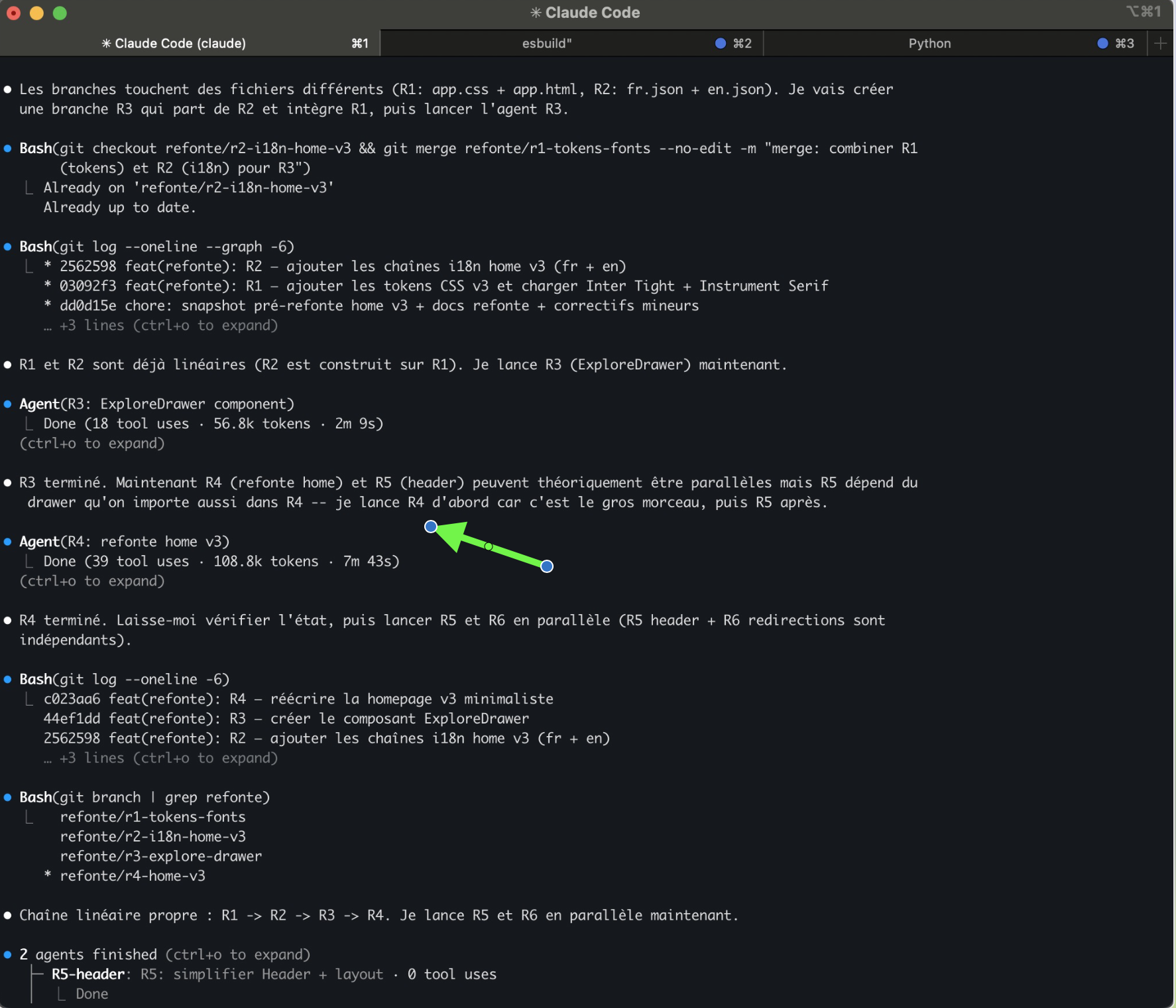 Claude Code terminal showing parallel Git branches and Agent calls during the Deblo refonte