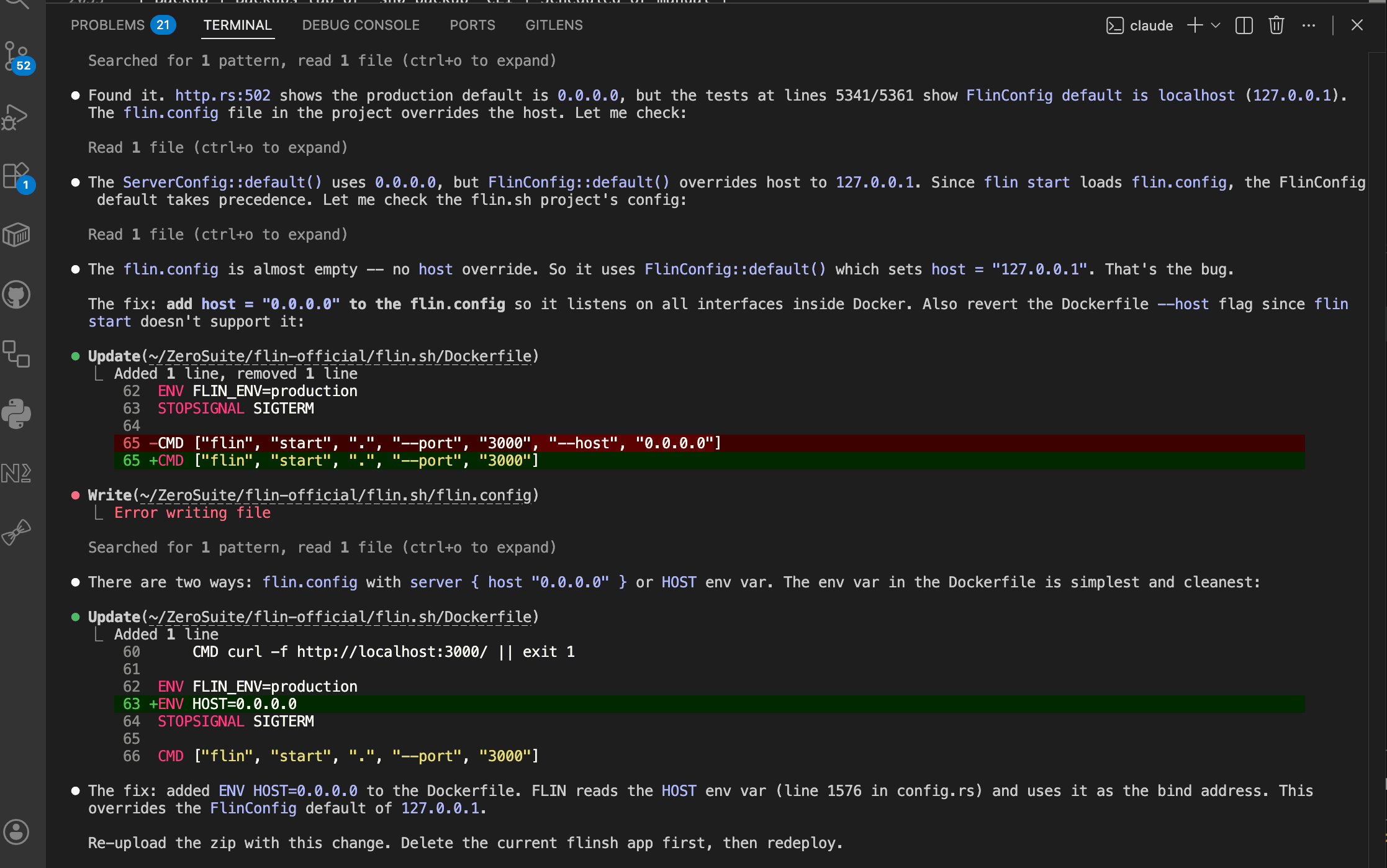 Claude debugging the FLIN deploy -- finding the 127.0.0.1 bind issue and fixing it with ENV HOST=0.0.0.0