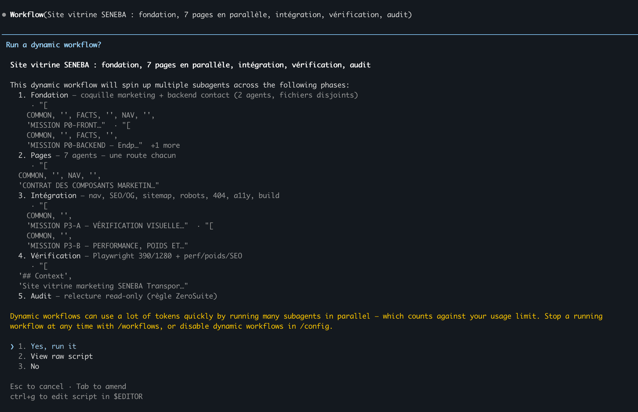 The Workflow permission dialog: the five-phase plan for the KASSIA site — Fondation, Pages, Intégration, Vérification, Audit — with the token-usage warning and the Yes / View raw script / No options